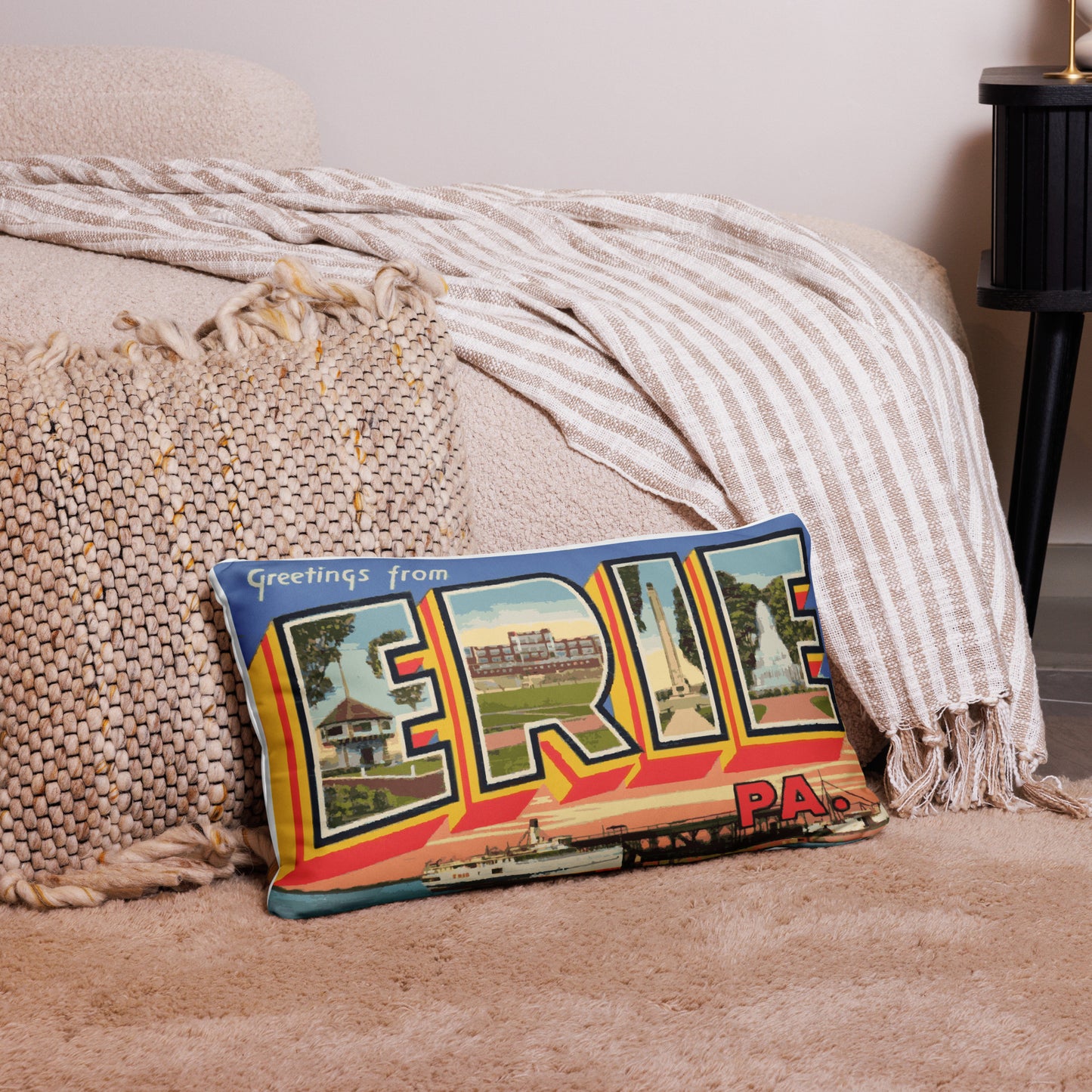 Greetings From Erie Postcard Throw Pillow